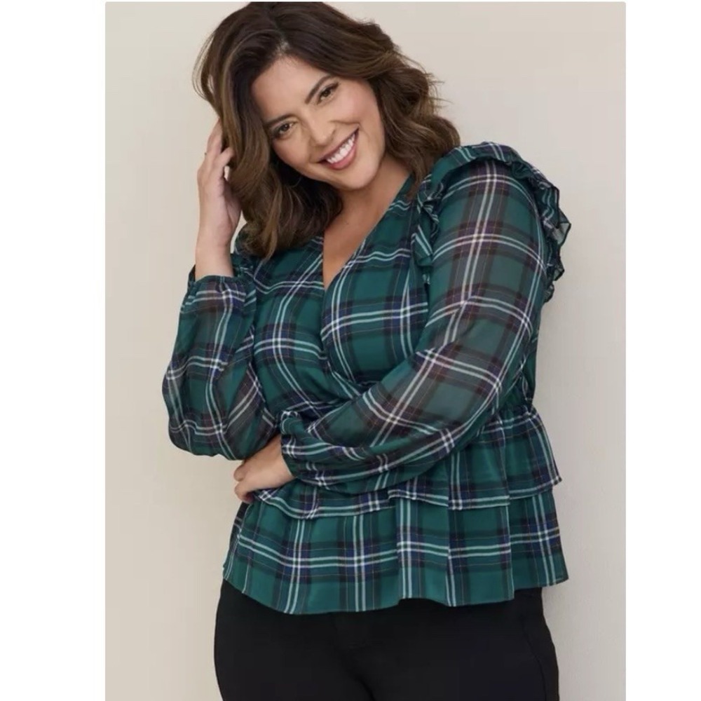Torrid Green Plaid Chiffon Ruffled Surplice Babydoll Peplum Top‎ Size 2X